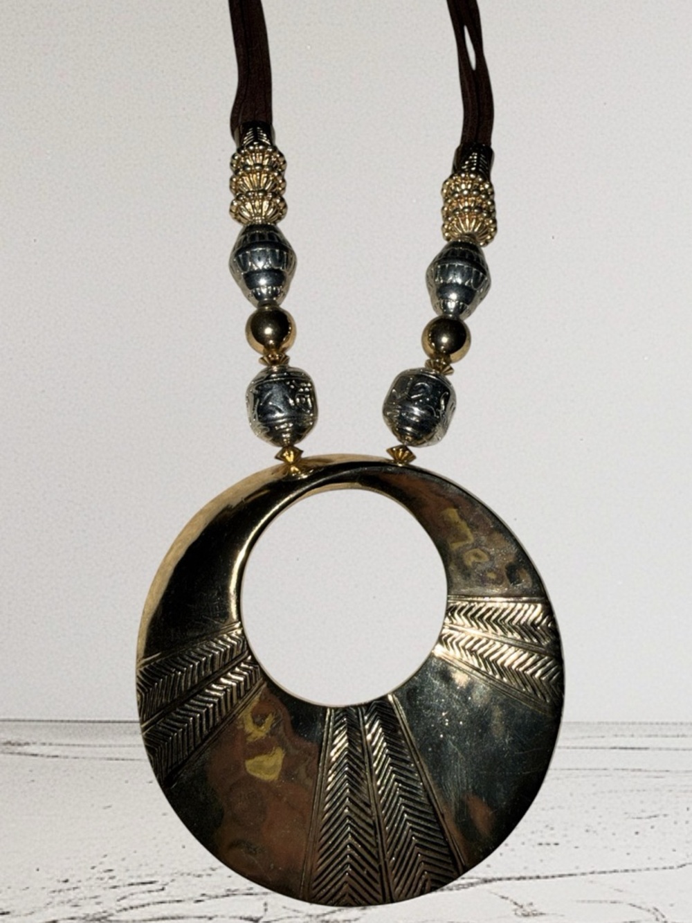 Chico’s Statement Necklace – Mixed Metal Pendant on Brown Leather 16”